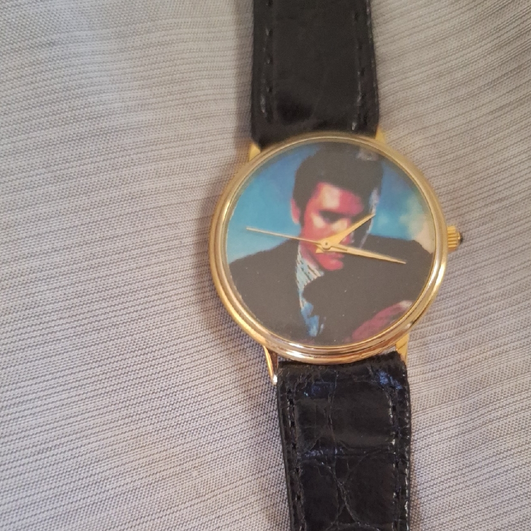 Elvis Gold Colored Watch With Black Leather Strap